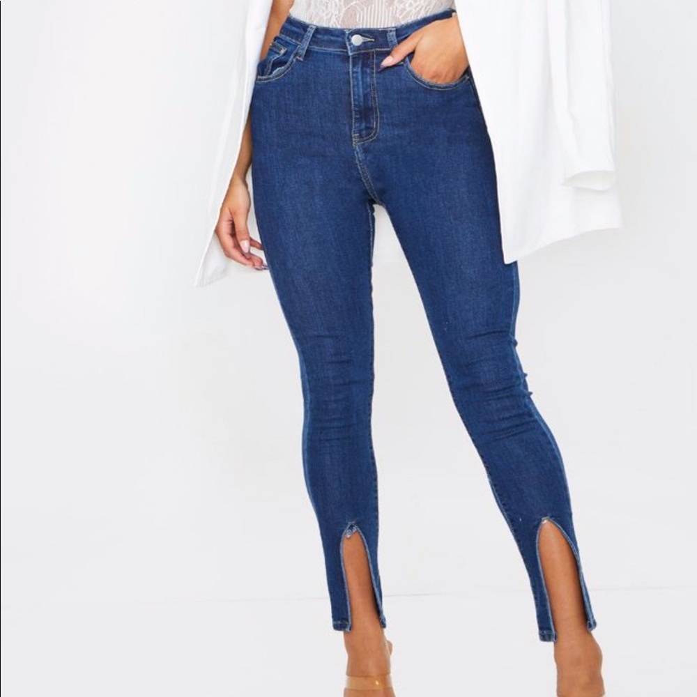 Mid Blue Wash Front Split Hem Skinny Jeans